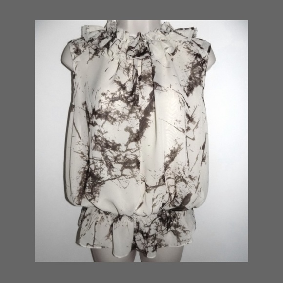 NWT Sleeveless ruffle top 8 Brown Off white Print Blouson Romantic Flowy Peplum - Picture 1 of 6